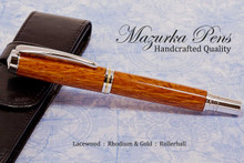 Handmade Rollerball Pen made from Lacewood with Rhodium and Gold trim.  Handcrafted pen by our artist.  Another view of pen cap. (black pouch not included)
