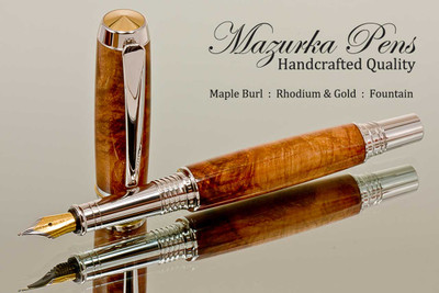 Handmade Fountain Pen handcrafted from Maple Burl wood Rhodium and Gold finish.  Cap view of pen.