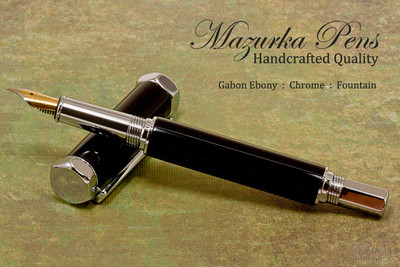 Handmade Fountain Pen handcrafted from Gabon Ebony wood with Chrome finish.  Nib view of pen.