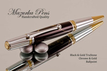 Handmade Ballpoint Pen, Black and Gold TruStone Wall Street II Pen, Gold and Chrome Finish - Looking from Main view of Ballpoint Pen (case not included)