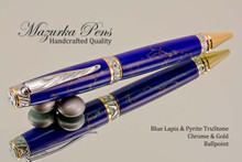 Handmade Ballpoint Pen, Blue Lapis and Pyrite TruStone Pen, Gold and Chrome Finish - Looking from Top  of Ballpoint Pen