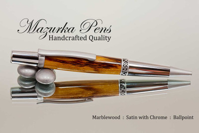 Handmade Wood Ballpoint Pen from Marblewood  in the Princeton style, Satin with Chrome Finish - Looking from Side of Ballpoint Pen