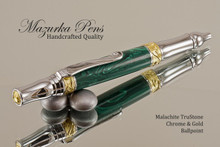 Handmade Ballpoint Pen, Malachite TruStone Pen, Gold and Chrome Finish - Looking from Top of Ballpoint Pen