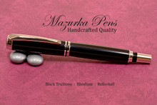 Handmade Black TruStone Rollerball Pen with Rhodium finish  Handcrafted pen by our artist.  Main view of pen cap.