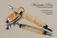 Handmade Curly Maple Rollerball Pen with Chrome finish  Handcrafted pen by our artist.  Main view of pen cap.