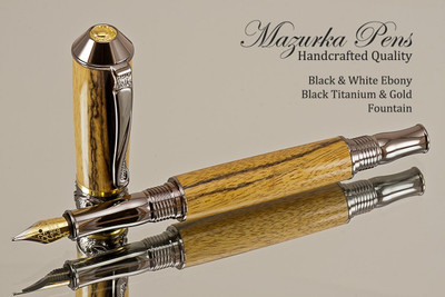 Handcrafted Fountain pen made from Black and White Ebony with Black Titanium / Gold finish.  Cap view of pen and cap.