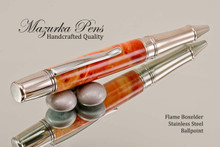 Handmade Ballpoint Pen made from Flame Boxelder with Stainless Steel finish.  Main view of pen.