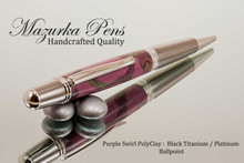 Handmade Ballpoint Pen in Purple Swirl Polymer Clay, Black Titanium and Platinum Finish - Cap View