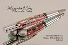 Handmade Ballpoint Pen in Quilted Card Polymer Clay, Chrome and Black Titanium Finish - Main View