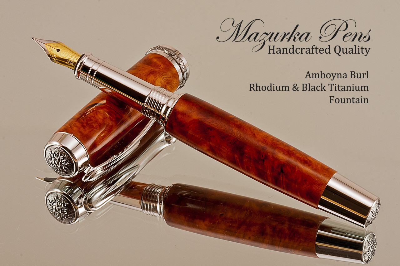 Handmade purple maple burl and ebony wooden online fountain pen - black fittings chrome accents - unique fountain pen