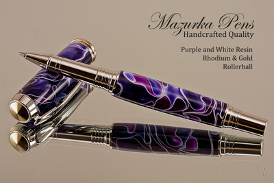 Handmade Writing Instrument Purple & White Resin Rhodium/Gold Finish - Front View