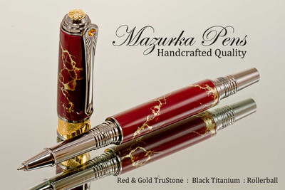 Handmade Rollerball Pen Handcrafted from Red and Gold TruStone with Black Titanium and Gold finish.  Cap view of pen and cap.