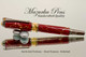 Handmade Rollerball Pen Handcrafted from Red and Gold TruStone with Black Titanium and Gold finish.  Main view of pen and cap.