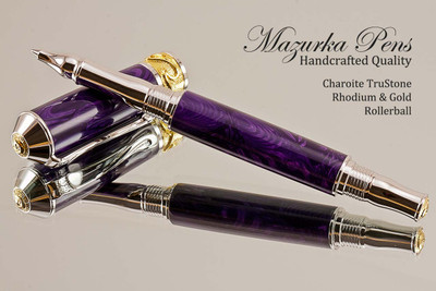 Handmade Rollerball Pen Handcrafted from Charoite TruStone with Rhodium and Gold finish.  Front view of pen and cap.
