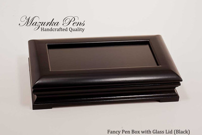 Premium black wood display case with brass hinges and 3" x 6" glass top (pen not included, shown closed)