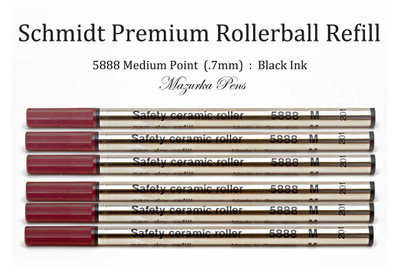 Schmidt 5888 Safety Ceramic Rollerball Refill, Medium Point (.7mm), Black Ink - 6 Pack