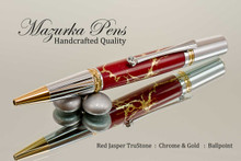 Handmade Ballpoint Pen, Red Jasper and Gold TruStone Pen, Chrome and Gold Finish - Looking from tip of Ballpoint Pen
