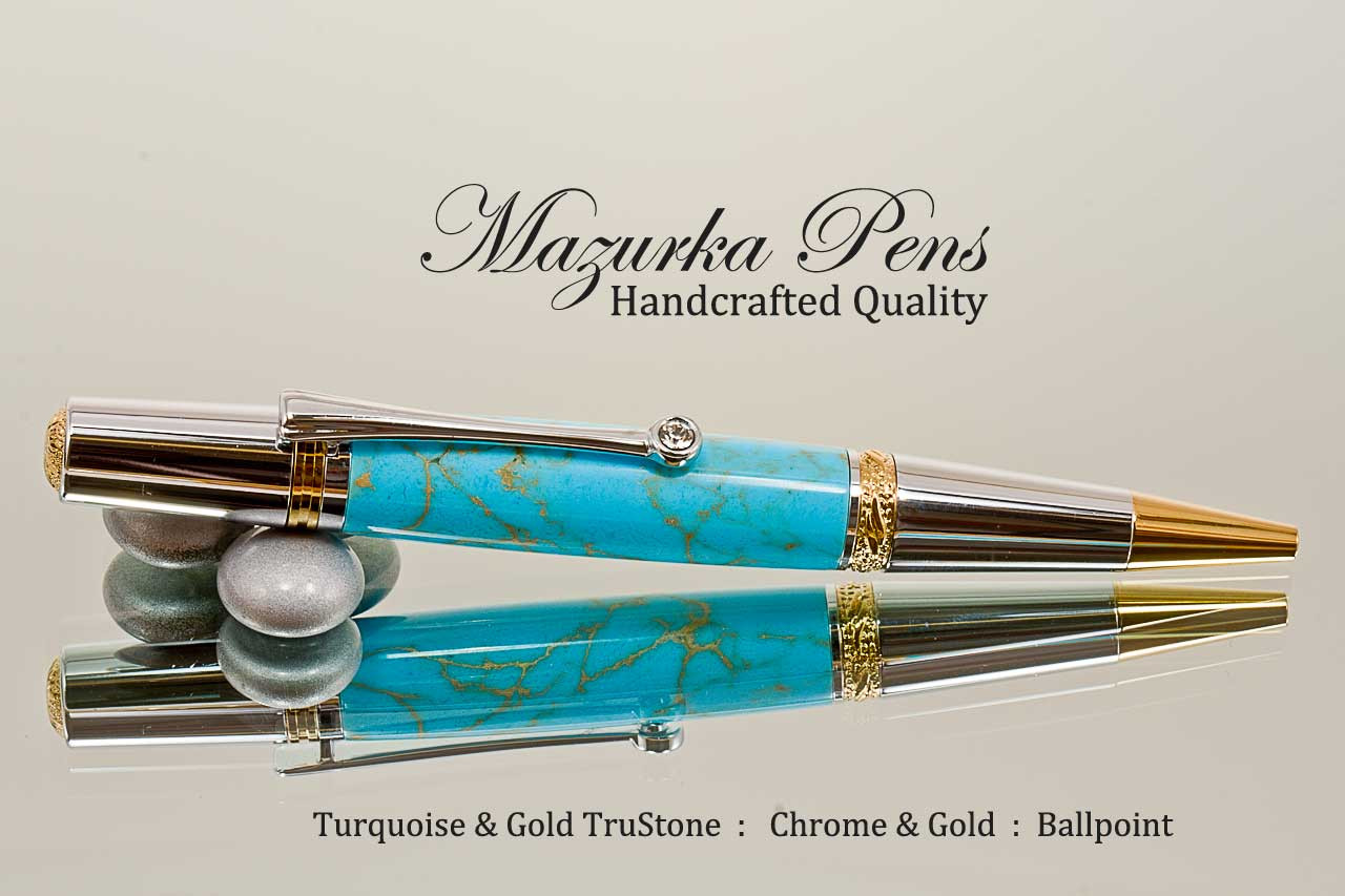 RARE Turquoise Ballpoint Pen Handmade Inlay Rolling Blue Fine Stones Trim Unique 