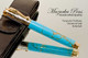 Hand Made Rollerball Pen made from Turquoise and Gold TruStone with Gold and Chrome finish.  Main view of pen and cap.