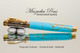 Hand Made Rollerball Pen made from Turquoise and Gold TruStone with Gold and Chrome finish.  Side view of pen and cap.