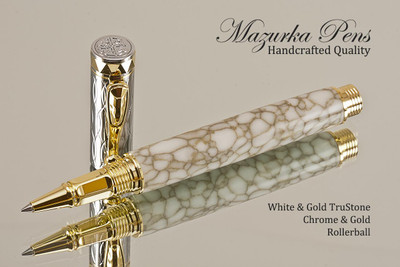 Hand Turned Rollerball Pen made from White and Gold TruStone with Gold and Chrome finish.  Main view of pen and cap.