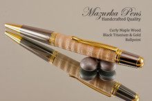 Handmade Pen, Curly Maple Wood Black Titanium Finish with Gold color Accents 