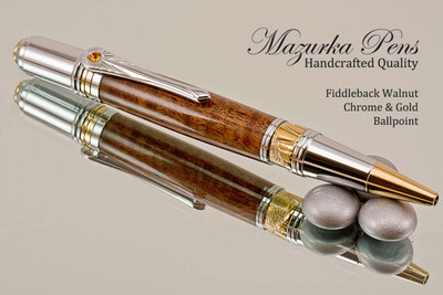 Handmade Ballpoint Pen, Fiddleback Walnut Chrome and Gold Finish - Tip view of Ballpoint Pen