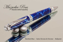 Handcrafted pen made from Marbled Blue and White Acrylic with Satin Chrome finish with Chrome accents.  Handcrafted pen by our artist.  Top view of pen,