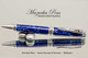 Handcrafted pen made from Marbled Blue and White Acrylic with Satin Chrome finish with Chrome accents.  Handcrafted pen by our artist.  Main view of pen,