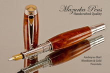 Handmade Rollerball Pen made from Amboyna Burl with Rhodium and Gold trim.  Handcrafted pen by our artist.  Tip view of pen cap.