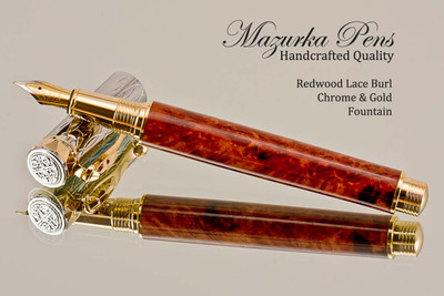 Handmade Fountain Pen made from Redwood Lace Burl with Chrome and Gold color accents.  Main view of pen and cap.