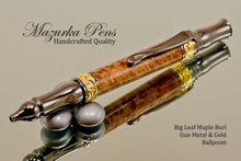 Wood Handmade Pen, Big Leaf Maple Burl Wood with Gun Metal and Gold Finish - View from Tip of Ballpoint Pen