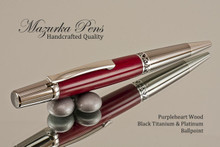 Handmade Ballpoint Pen, Purpleheart Pen, Black Titanium and Platinum Finish - Looking from Main view of Ballpoint Pen