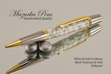 Handmade Ballpoint Pen, White and Gold TruStone Ballpoint Pen, Black Titanium / Gold color Finish - Looking from tip of Ballpoint Pen