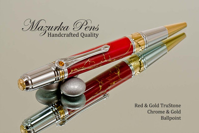Handmade Art Deco Ballpoint Pen, Red and Gold TruStone Art Deco Ballpoint Pen, Gold and Chrome Finish - Looking from top of Ballpoint Pen