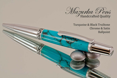 Handmade Ballpoint Pen, Turquoise and Gold TruStone Ballpoint Pen, Satin Chrome / Chrome Finish - Looking from top of Ballpoint Pen