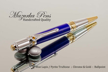 Art Deco Handmade Ballpoint Pen, Blue Lapis / Pyrite TruStone Ballpoint Pen, Gold and Chrome Finish - Looking from top of Ballpoint Pen