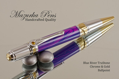Art Deco Handmade Ballpoint Pen, Blue River TruStone Art Deco Ballpoint Pen, Gold and Chrome Finish - Looking from Top of Ballpoint Pen