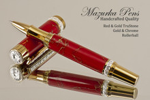 Handmade Rollerball Pen, Red and Gold TruStone Rollerball Pen, Gold & Chrome Finish - Looking from end of Pen