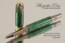 Art Deco Handcrafted Rollerball Pen, Arizona Jade TruStone Art Deco Rollerball Pen with Black Titanium and Gold Finish - Looking from front of rollerball Pen