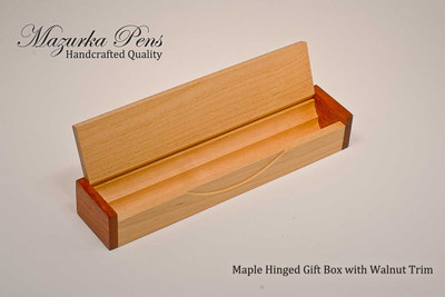 Maple hinged Pen Box / Pen Case with Walnut Trim.  Holds single large pen - shown open