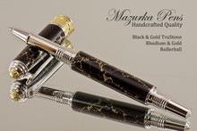 Handmade Art Deco Rollerball Pen, Black and Gold TruStone Art Deco Rollerball Pen, Rhodium and Gold Finish - Looking from side of pen