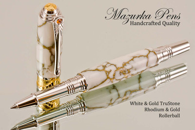 Handmade Art Deco Rollerball Pen, White and Gold TruStone Art Deco Rollerball Pen, Rhodium and Gold Finish - Looking from cap view of pen