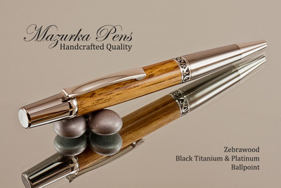 Handcrafted Ballpoint Pen made from Zebrawood with Black Titanium / Platinum finish.  Main view of pen.