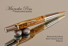 Handmade Ballpoint Pen, Black Ash Burl, Black Titanium and Gold Finish 