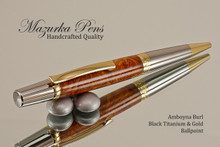 Handmade Ballpoint Pen, Amboyna Burl with Black Titanium and Gold Finish - Top view of Ballpoint Pen