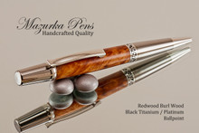 Handmade pen made from Redwood Burl with Black Titanium / Platinum finish.  Handcrafted pen.  