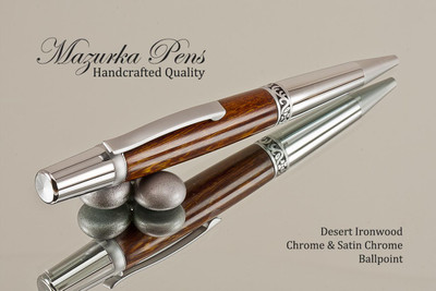 Handmade Ballpoint Pen, Desert Ironwood Pen, Chrome and Satin Chrome Finish - Looking from top of Ballpoint Pen