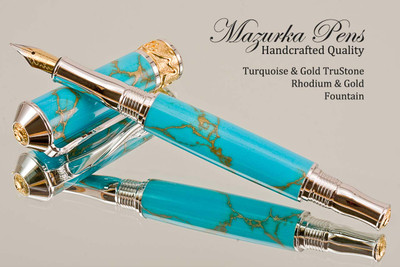 Handmade Fountain Pen Handcrafted from Turquoise and Gold TruStone with Rhodium and Gold finish.  Nib view of pen and cap.