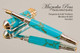 Handmade Fountain Pen Handcrafted from Turquoise and Gold TruStone with Rhodium and Gold finish.  Nib view of pen and cap.